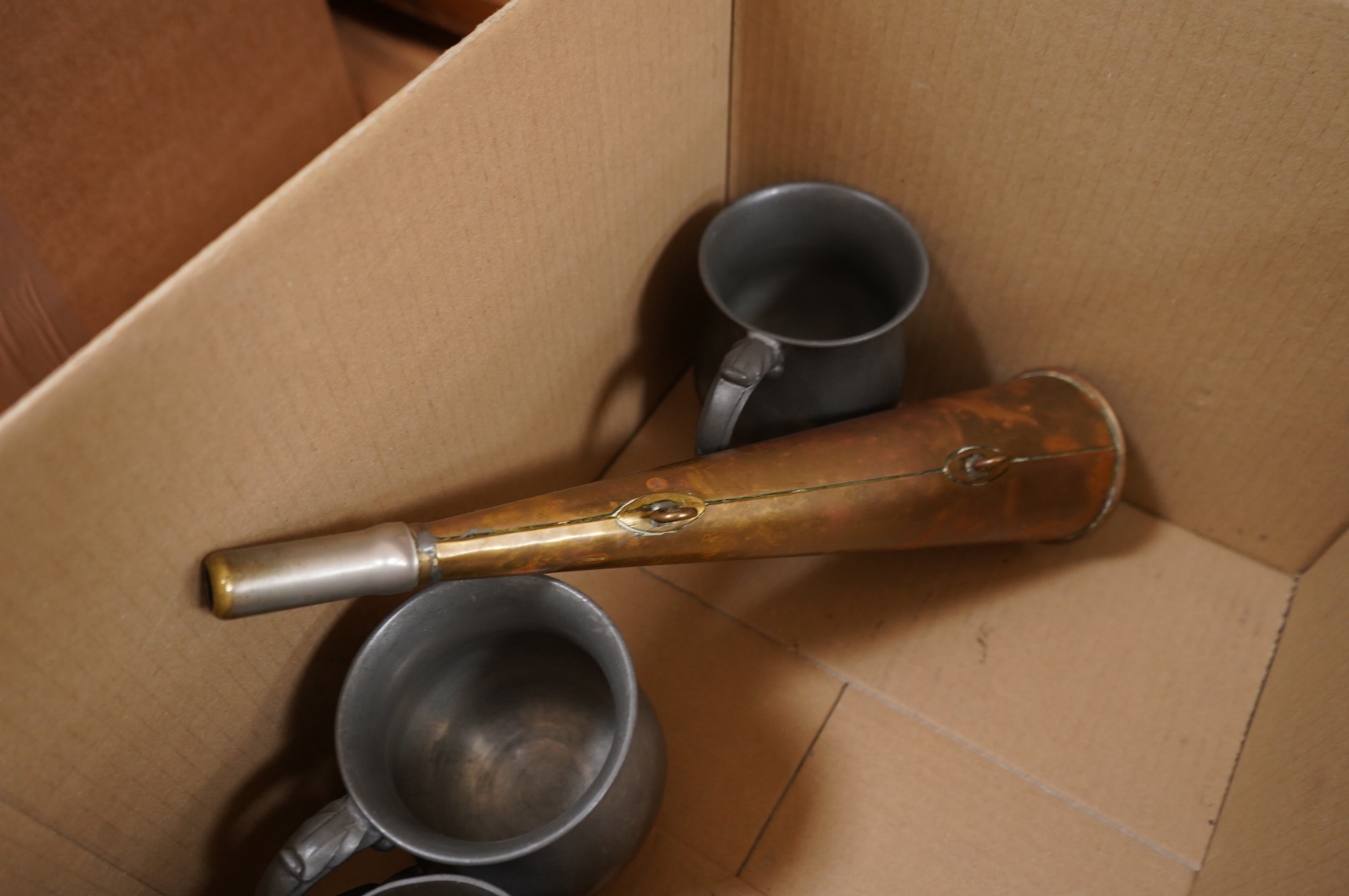 Assorted plated wares including pair of dwarf candlesticks, two pairs of entrée dishes, cased horn handled servers, set of flower holders, bread knife, mustard pot, salver, silver coins, two ceramic toby jugs, four pewte